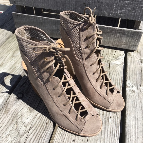 Qupid Suede Laced Perforated Taupe Booties! NEW! - Picture 5 of 10
